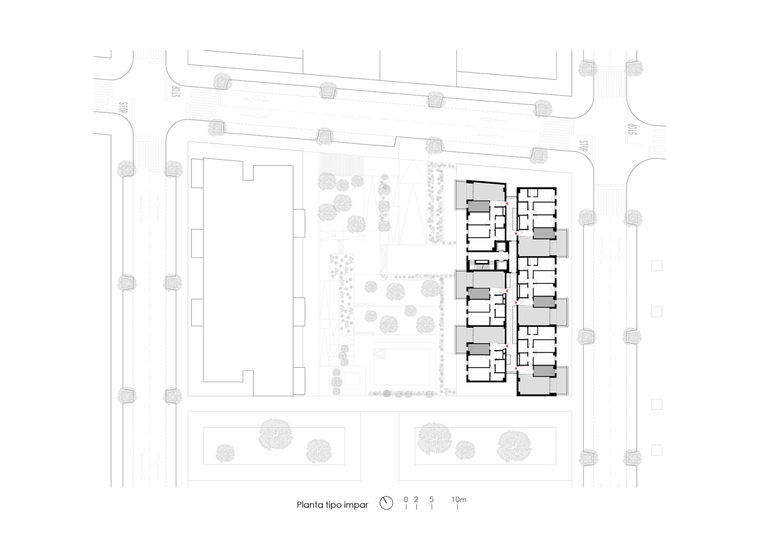 Plano de primera tipo impar. Edificio Residencial Alborada por Alejandro Muñoz Miranda.