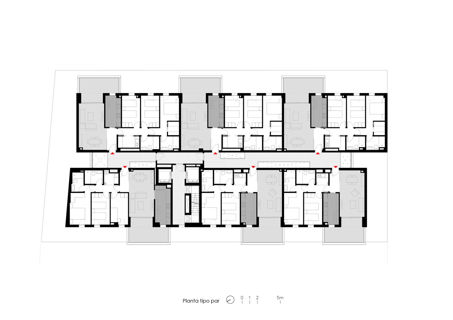 Plano de planta tipo par. Edificio Residencial Alborada por Alejandro Muñoz Miranda.