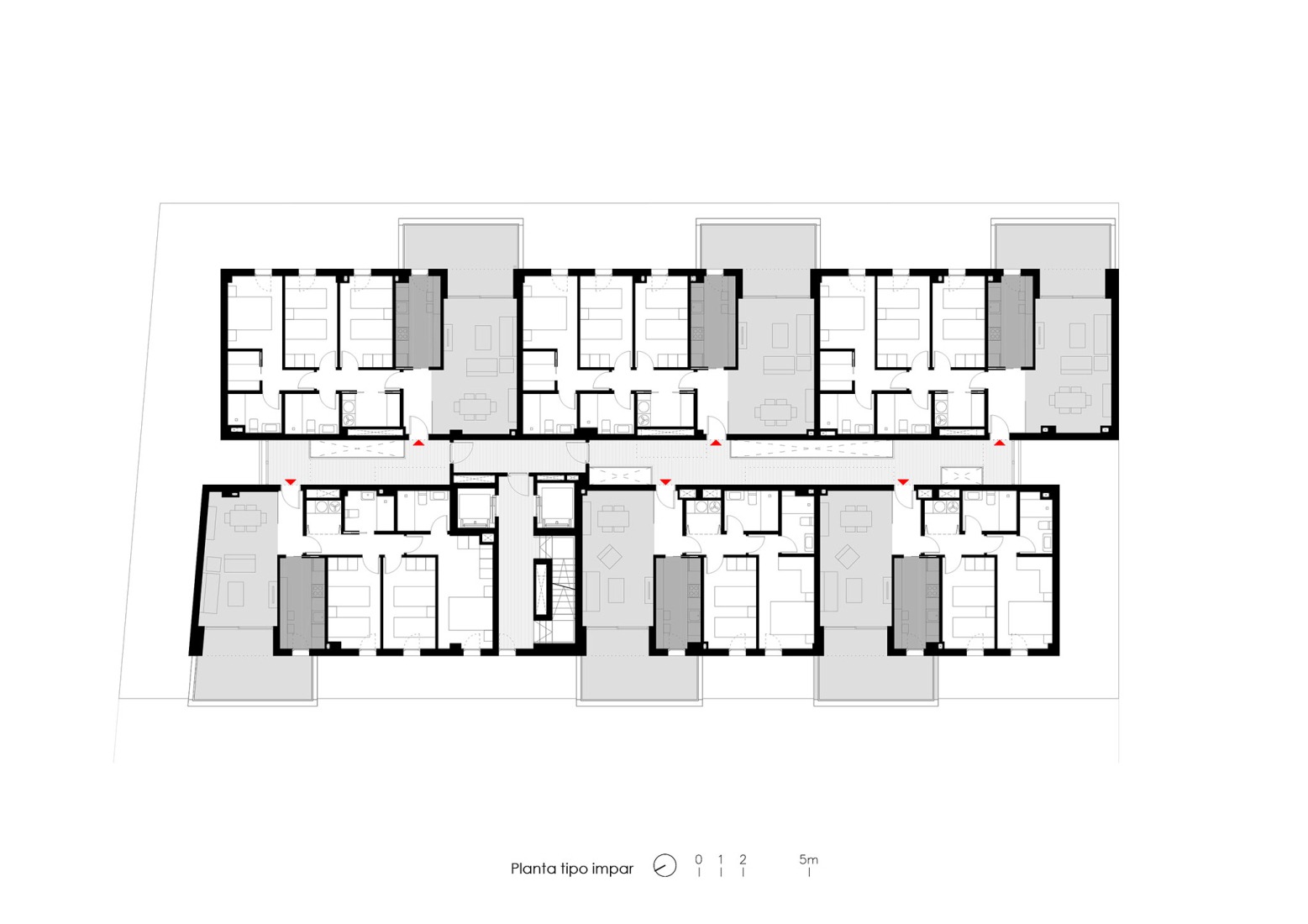 Plano de primera tipo impar. Edificio Residencial Alborada por Alejandro Muñoz Miranda.