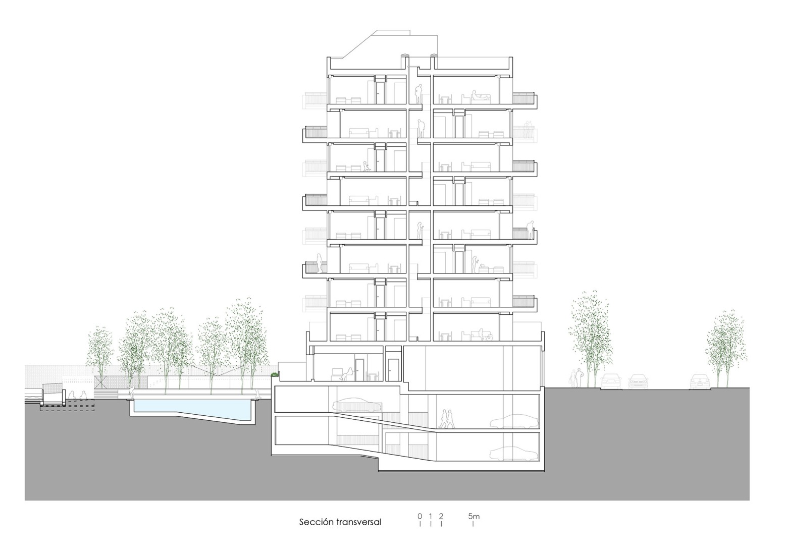 Sección transversal. Edificio Residencial Alborada por Alejandro Muñoz Miranda.