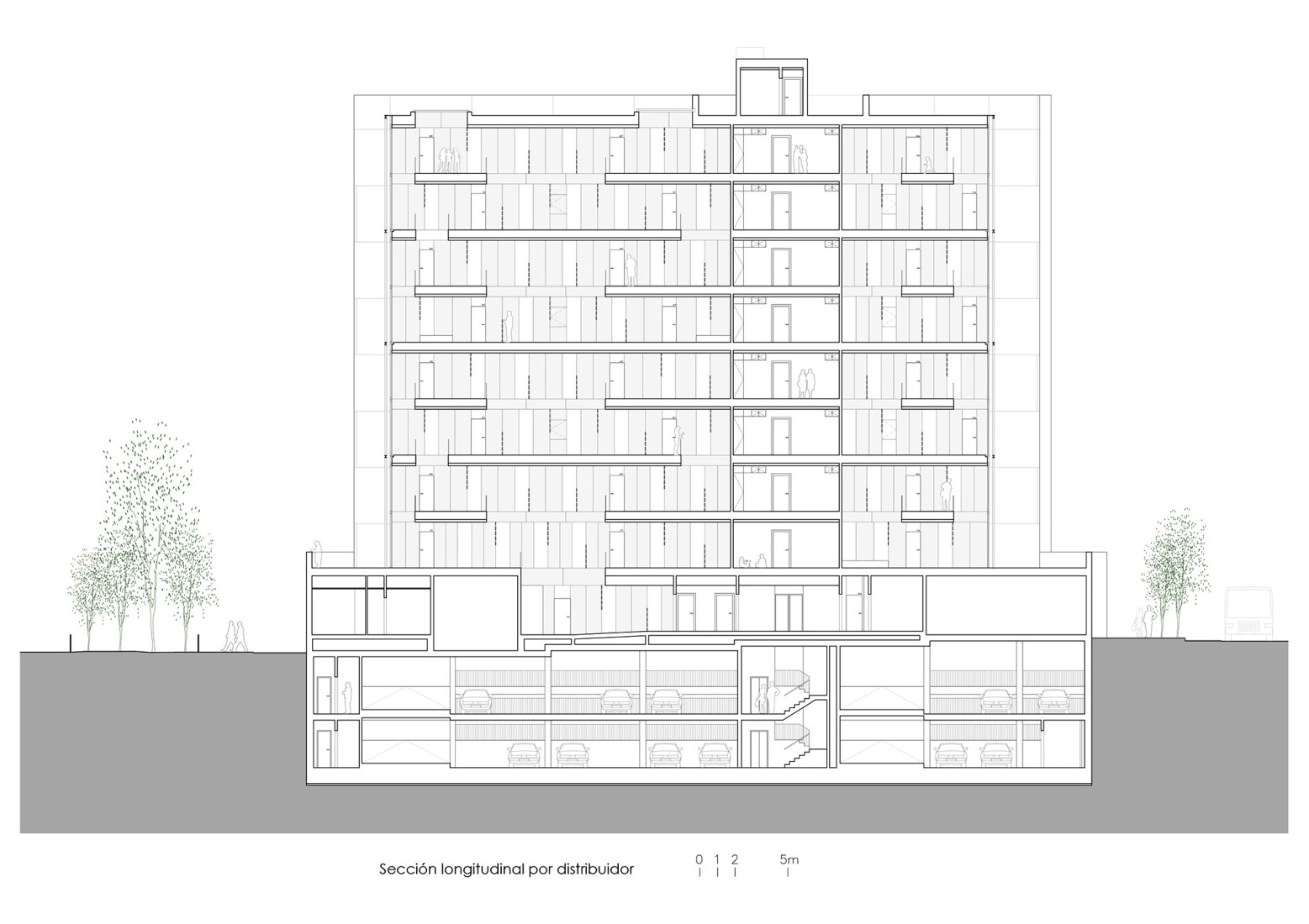 Sección pasillo. Edificio Residencial Alborada por Alejandro Muñoz Miranda.