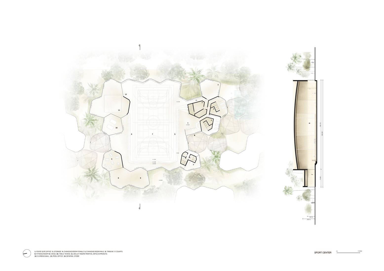 Sports center floor plan. Dar Al Marefa School by RCR Arquitectes.