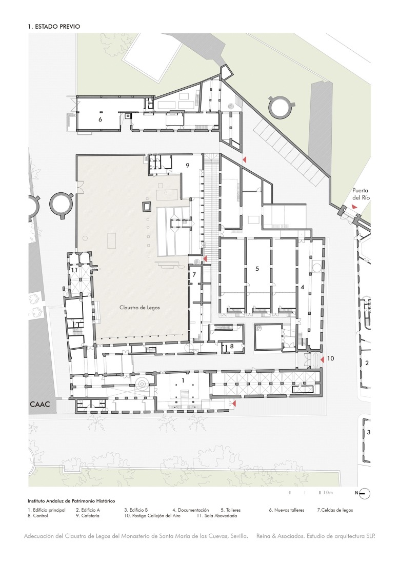Plano de planta estado previo. Adecuación del Claustro de Legos del Monasterio de Santa María de las Cuevas por Reina & Asociados.