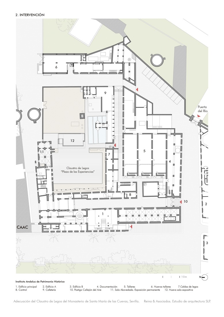 Plano de planta intervención. Adecuación del Claustro de Legos del Monasterio de Santa María de las Cuevas por Reina & Asociados.
