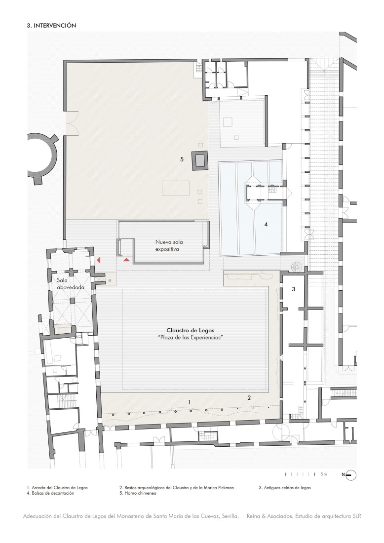 Plano de planta intervención. Adecuación del Claustro de Legos del Monasterio de Santa María de las Cuevas por Reina & Asociados.