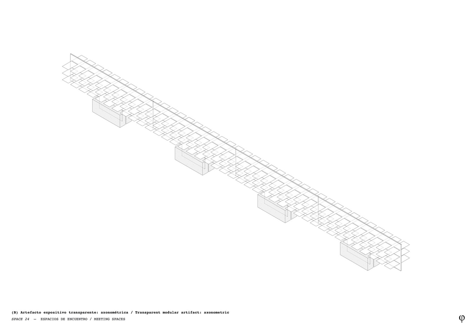 Axonometría de artefacto expositivo. Espacio expositivo en el Museo ICO por Studio Pachón-Paredes. 