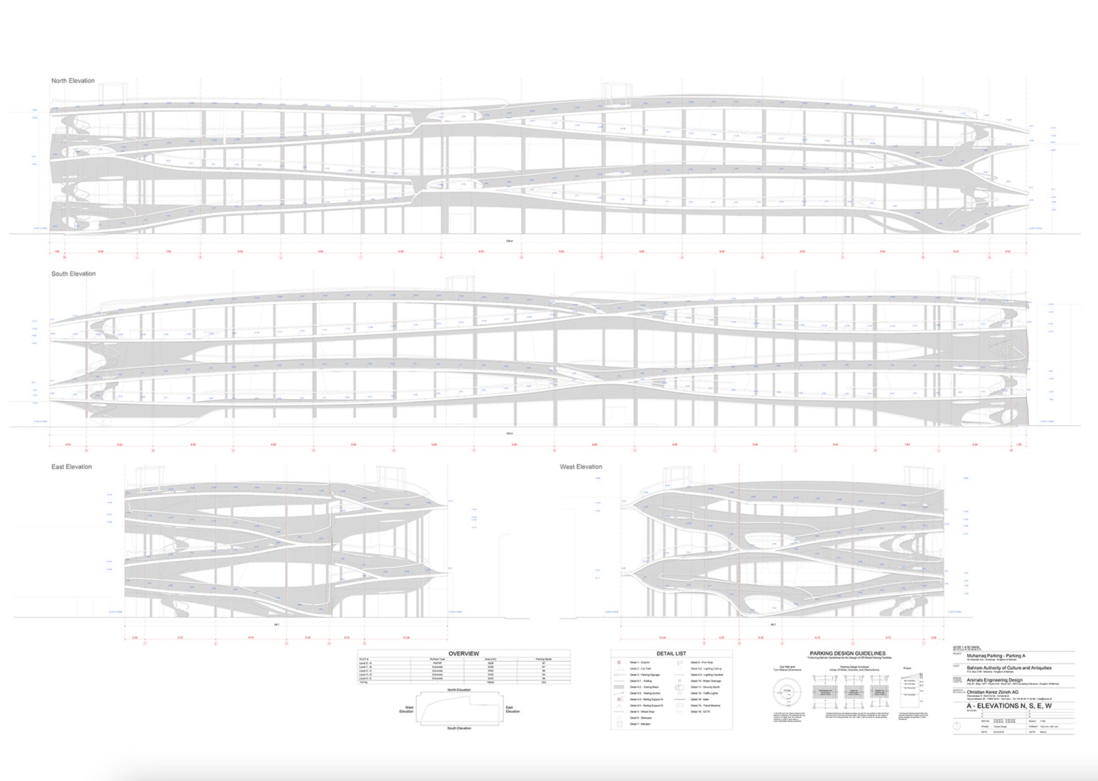 Elevations N, E, W, S. Car park plot A. Four Car Parks by Christian Kerez.