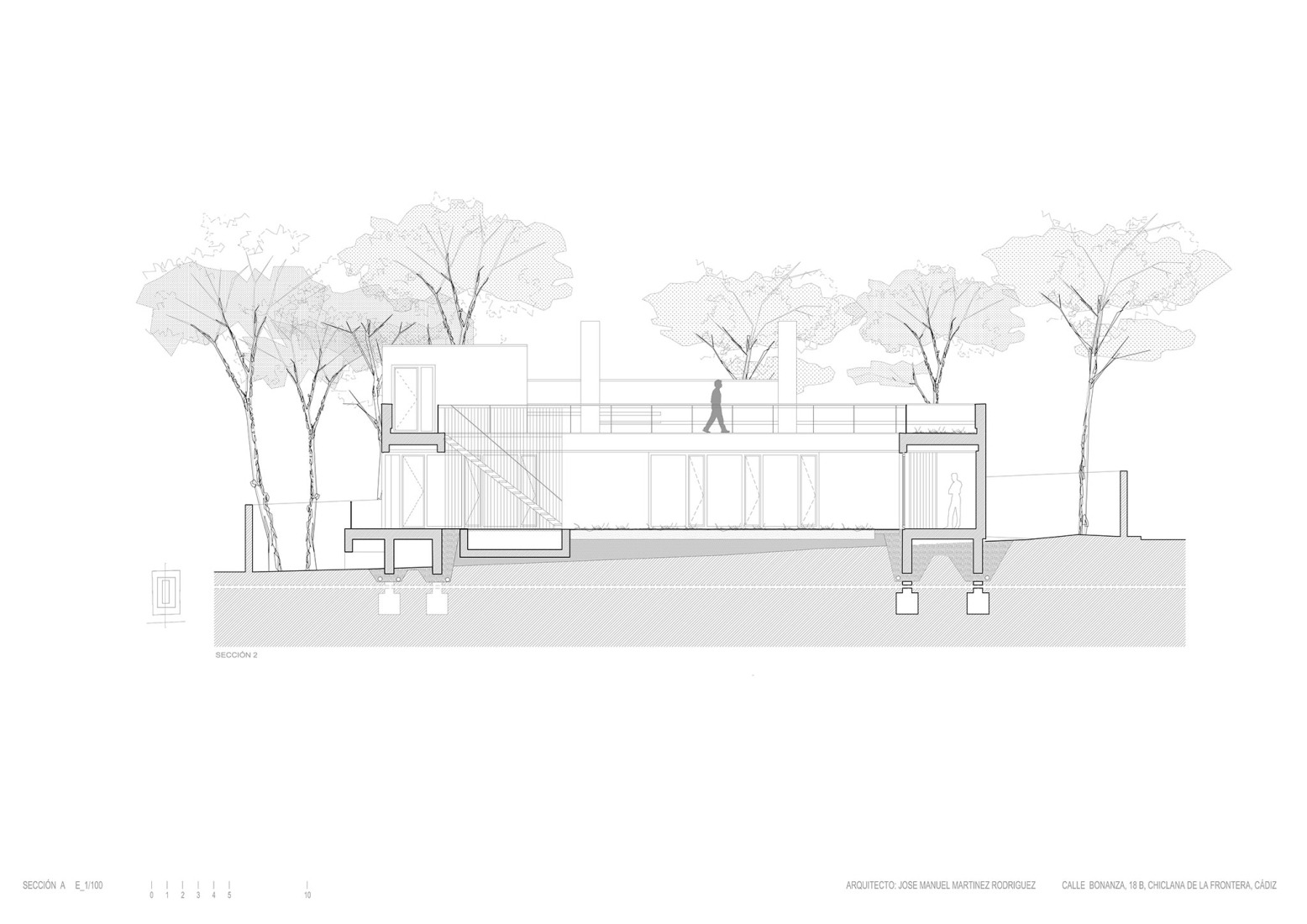 Longitudinal section. Urban cortijo-house by José Manuel Martínez Rodríguez.