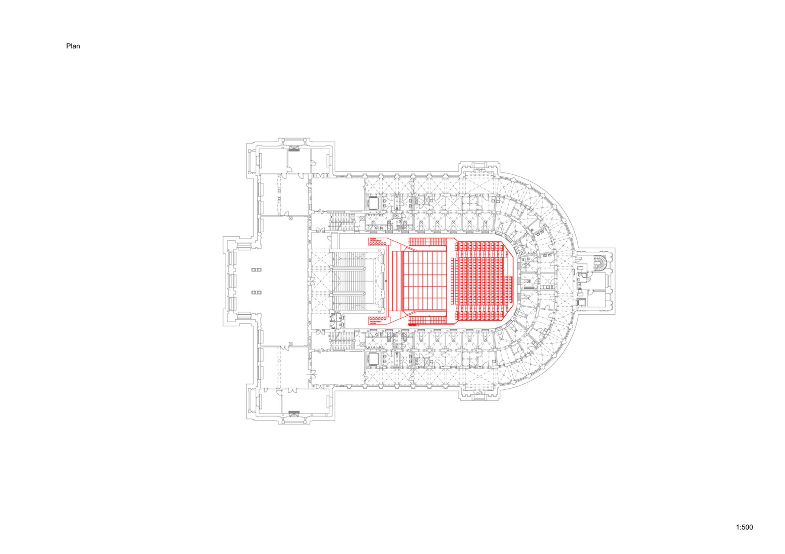 Plano de planta. Sala de conciertos en el Balneario Imperial por Petr Hájek ARCHITEKTI.