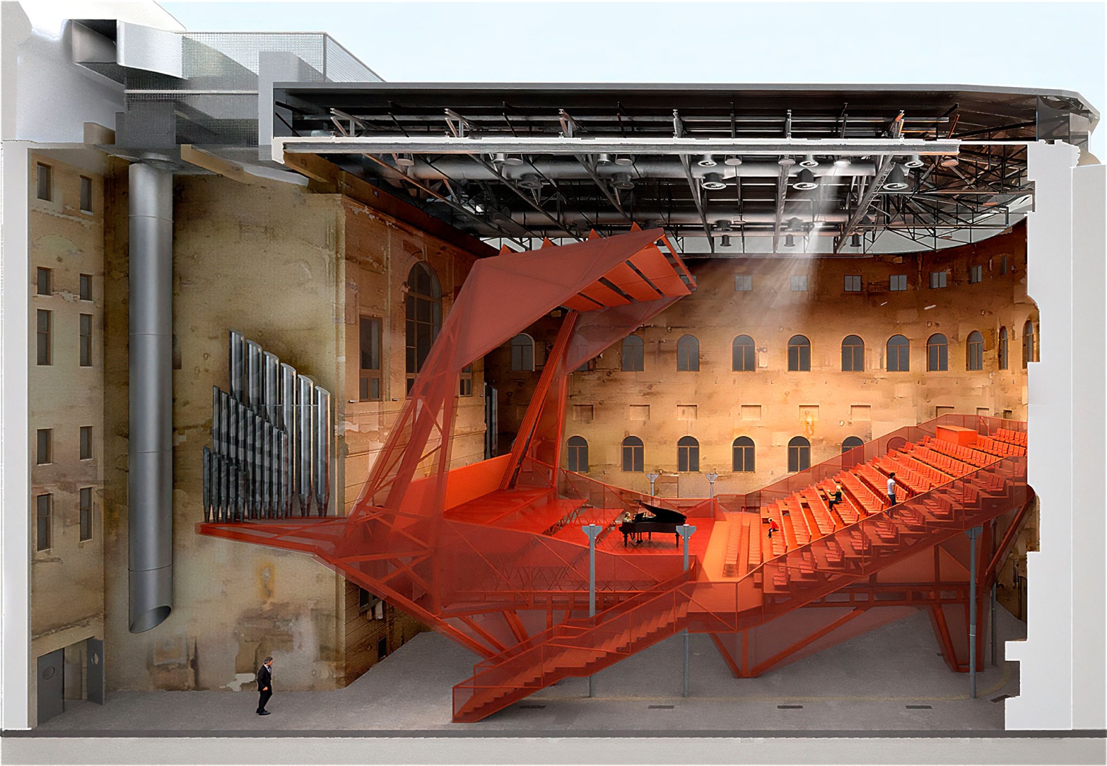 Vista seccionada. Sala de conciertos en el Balneario Imperial por Petr Hájek ARCHITEKTI.