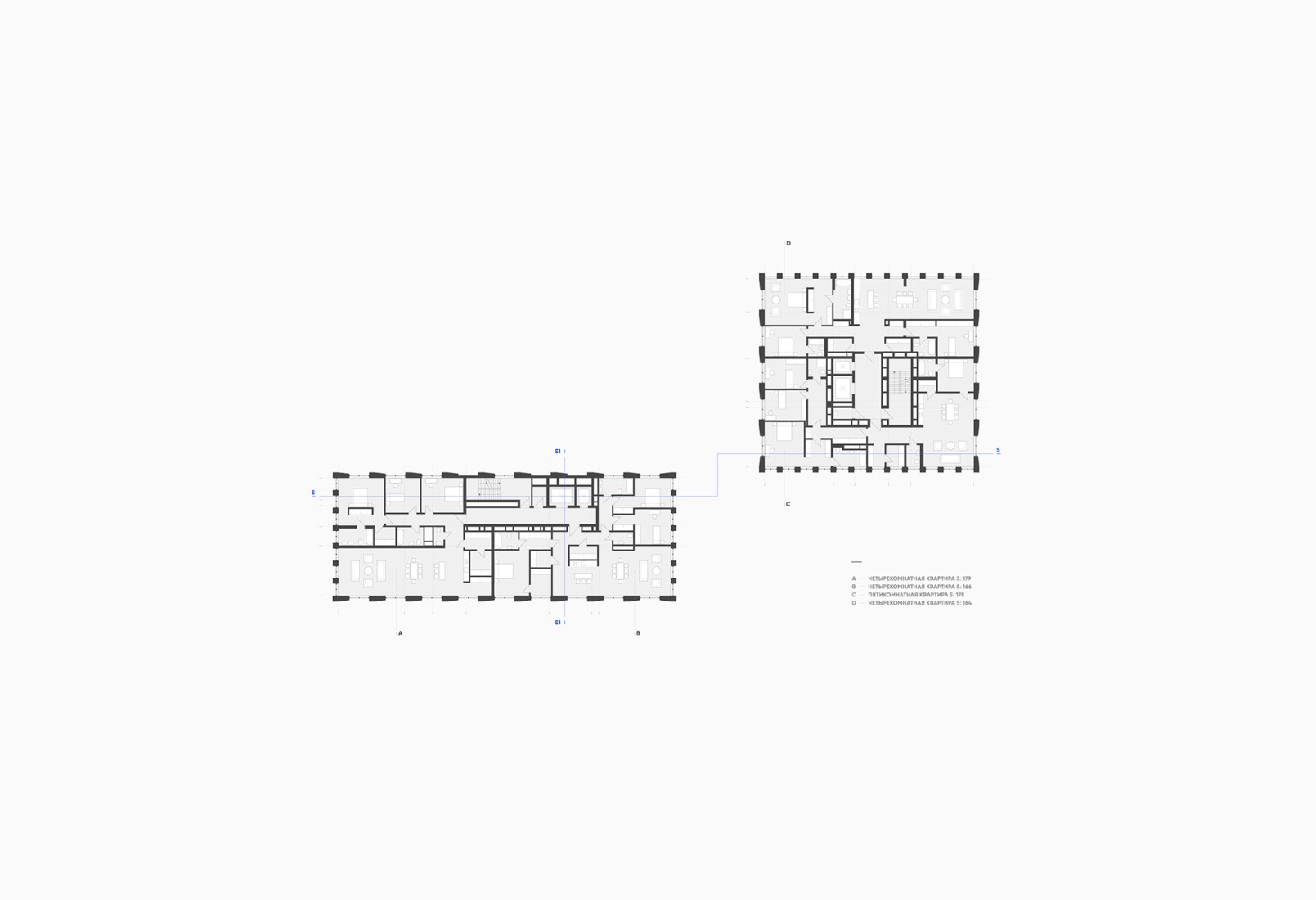Upper floor plan. "White Khamovniki" by Tsimailo Lyashenko and Partners.