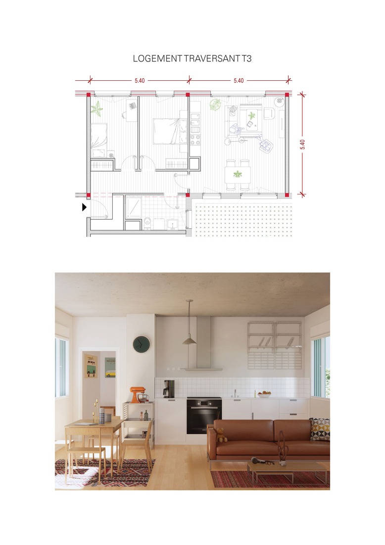 Housing type 1 floor plan. Jean Moulin by AZC architectes.