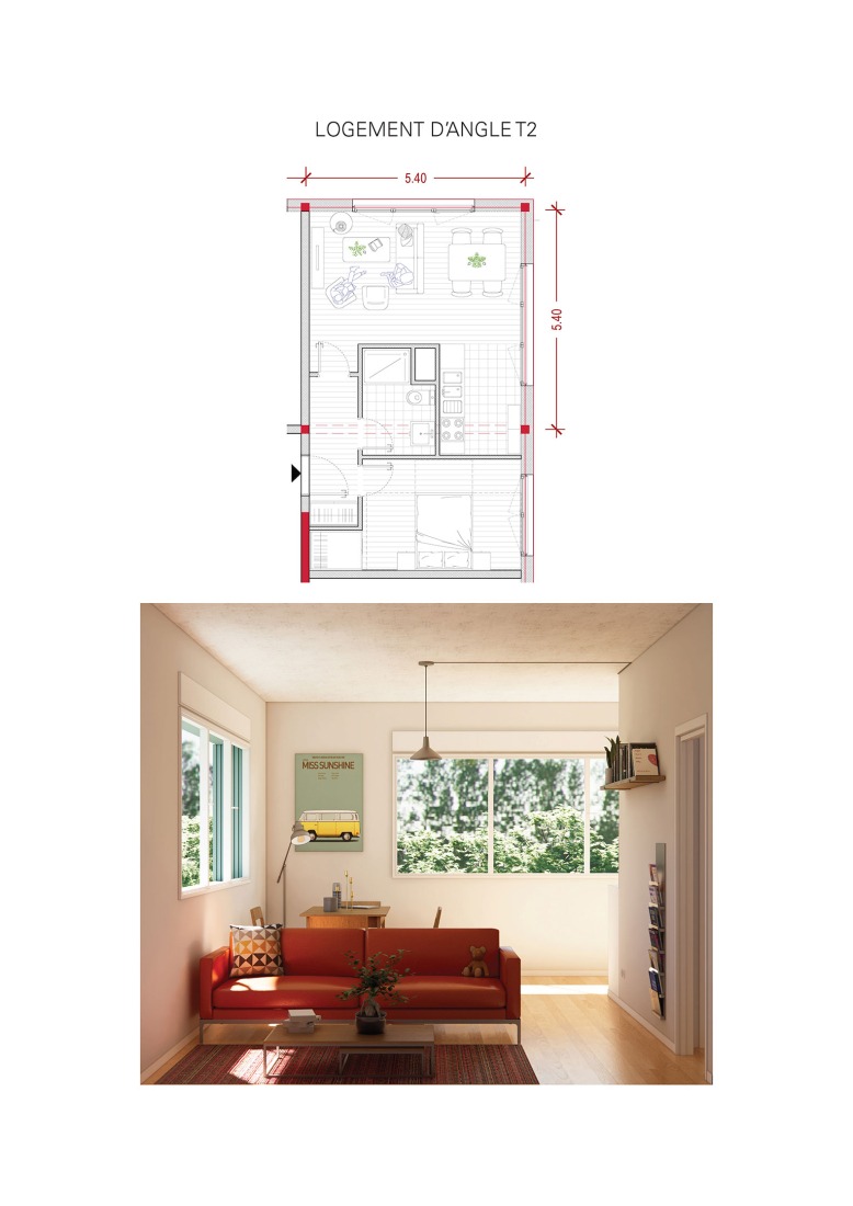 Housing type 2 floor plan. Jean Moulin by AZC architectes.