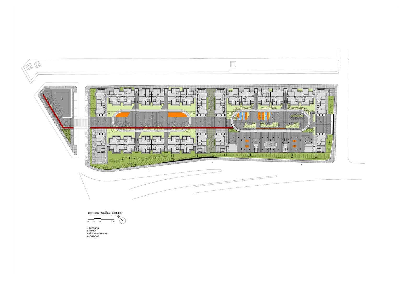 Site plan. New block for Heliópolis housing complex by Biselli Katchborian Arquitetos Associados.