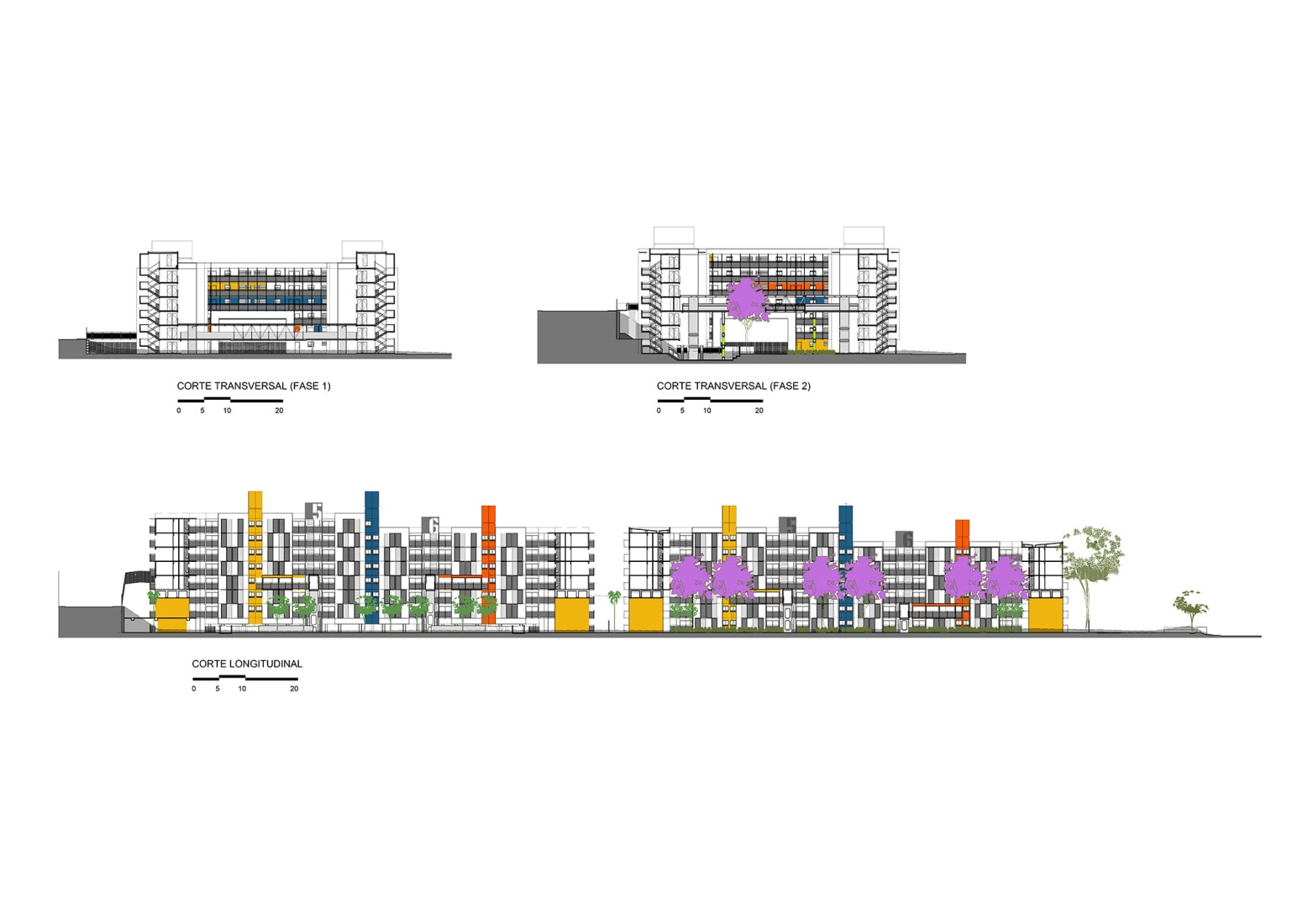 Sections. New block for Heliópolis housing complex by Biselli Katchborian Arquitetos Associados.