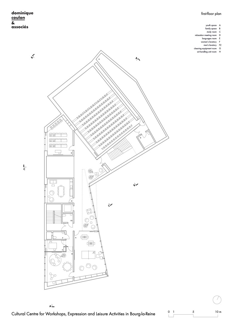 First floor plan. Cultural Centre in Bourg-la-Reine by Dominique Coulon & associés.