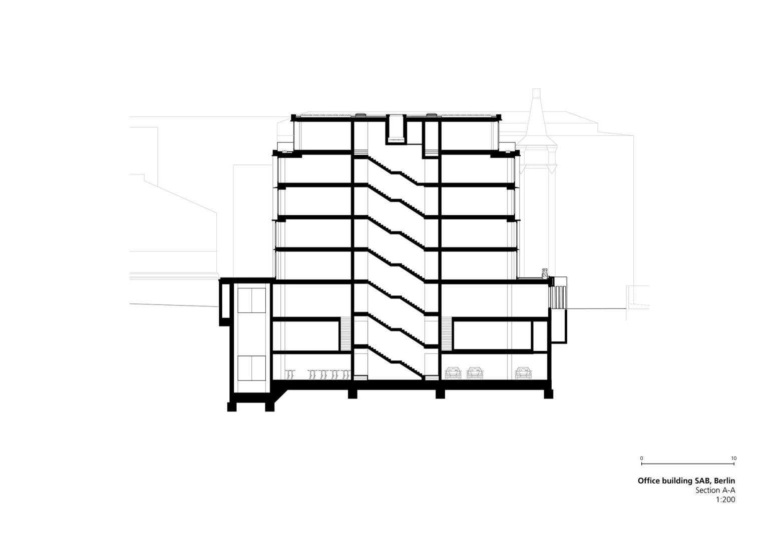 Sección. Edificio de oficinas SAB por Tchoban Voss Architekten.