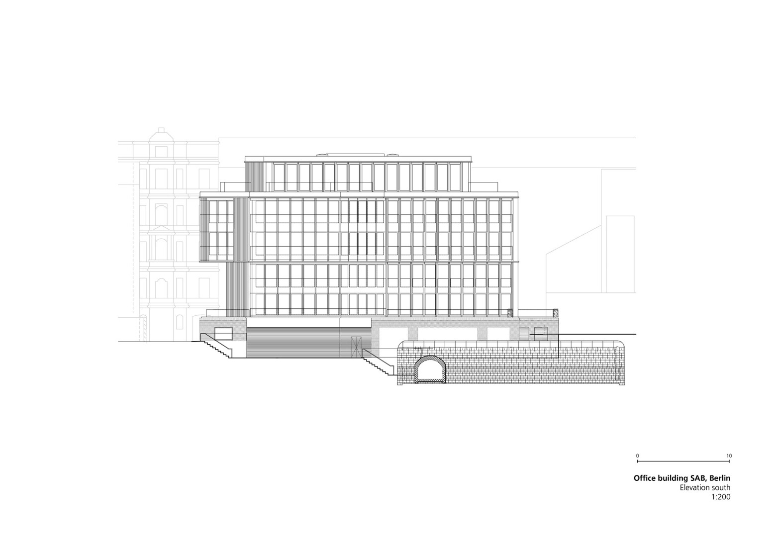 Alzado Sur. Edificio de oficinas SAB por Tchoban Voss Architekten.