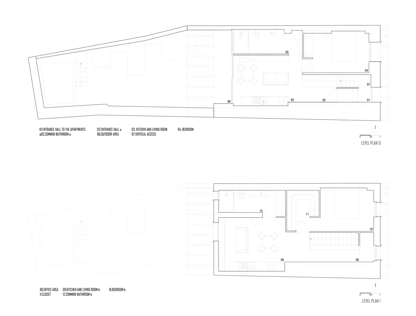 Ground floor and first floor plan. Gago Green House by Bruno Dias Arquitectura.