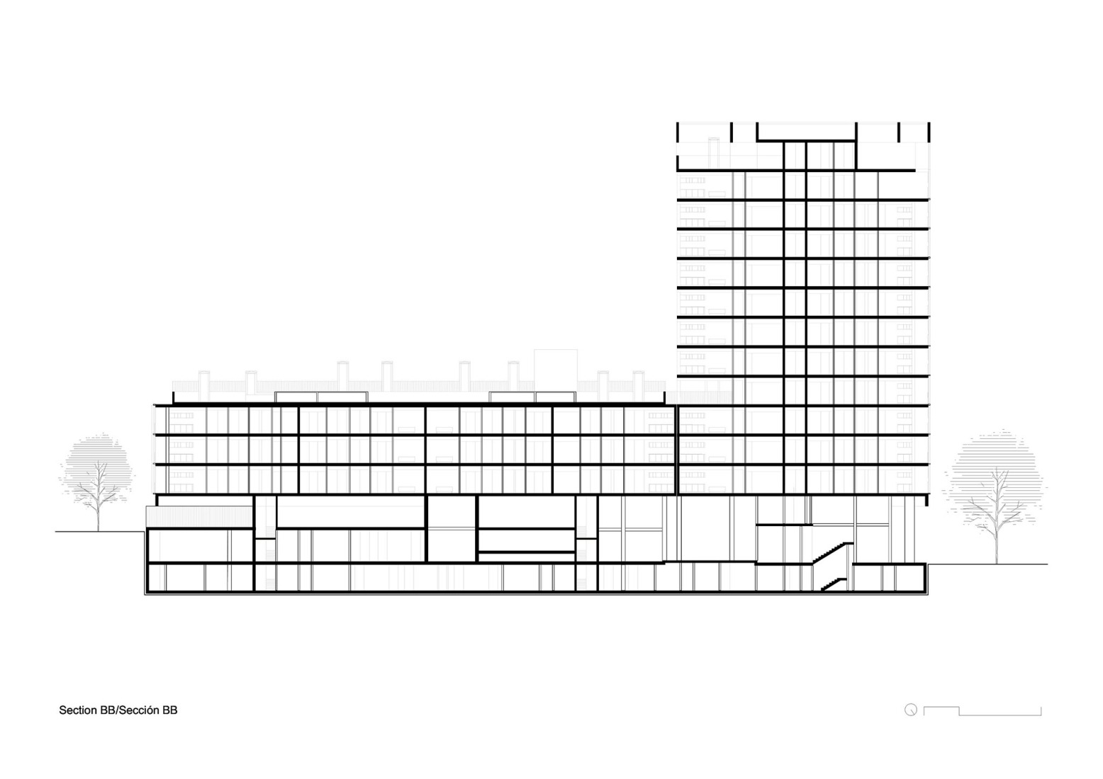 Sección longitudinal. Torre residencial Bagaria por Bxd arquitectura.