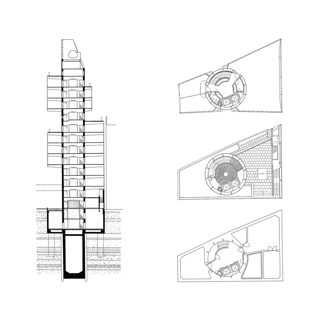 Kenzo Tange's Shizuoka Press and Broadcasting Center, renovated by TAISEI. Section and floor plans. Kenzo Tange's Shizuoka Press and Broadcasting Center, renovated by TAISEI.