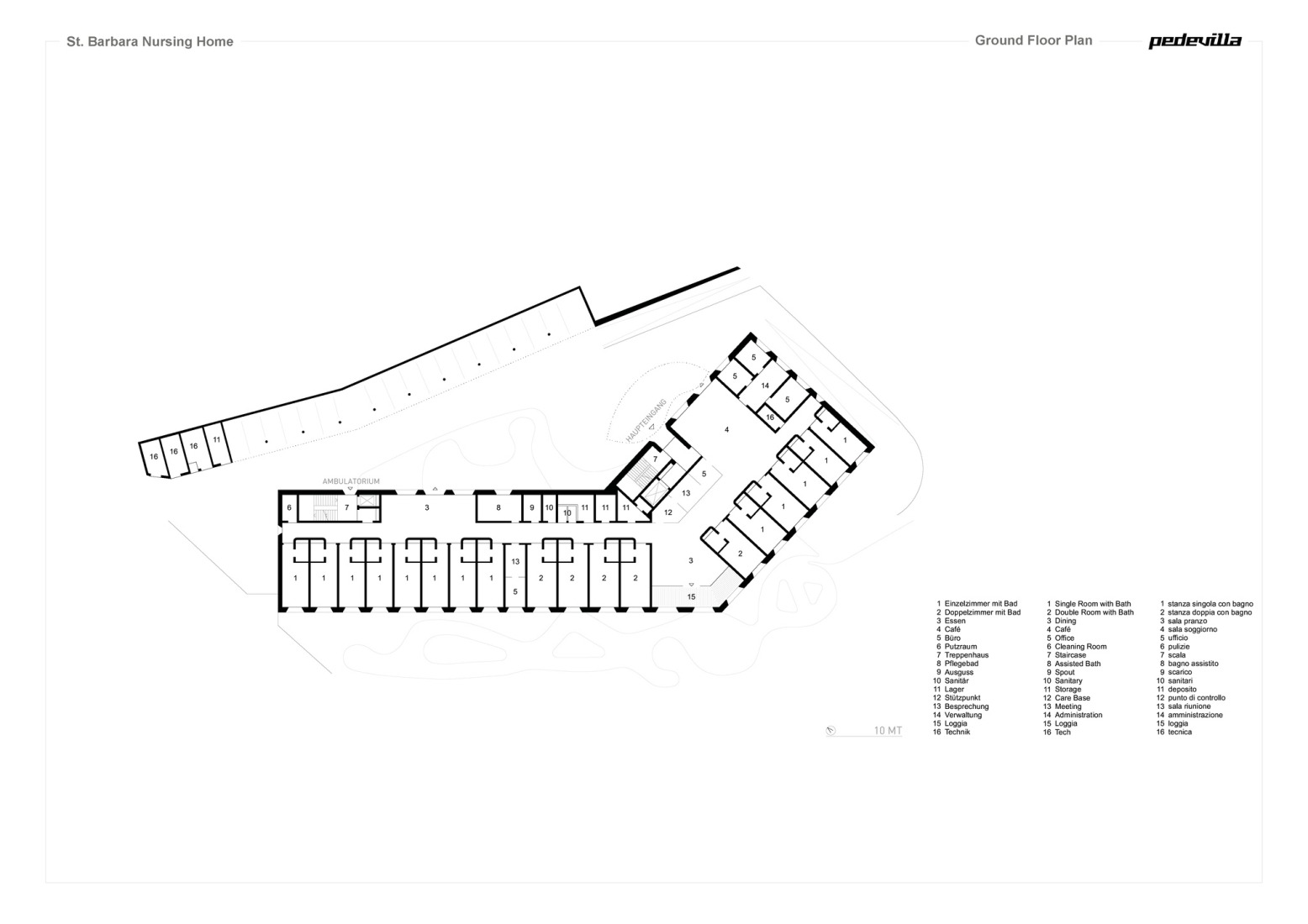 Plano de planta baja. Residencia de ancianos Santa Bárbara por Pedevilla Architects.