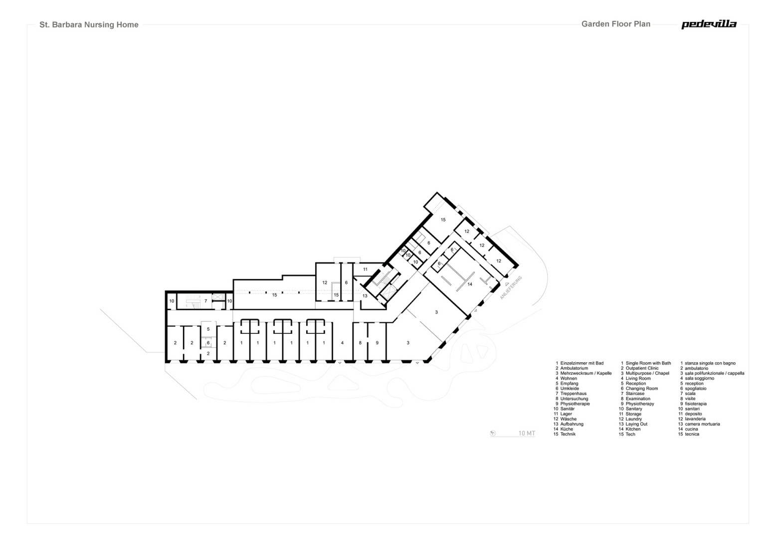Plano de planta jardín. Residencia de ancianos Santa Bárbara por Pedevilla Architects.