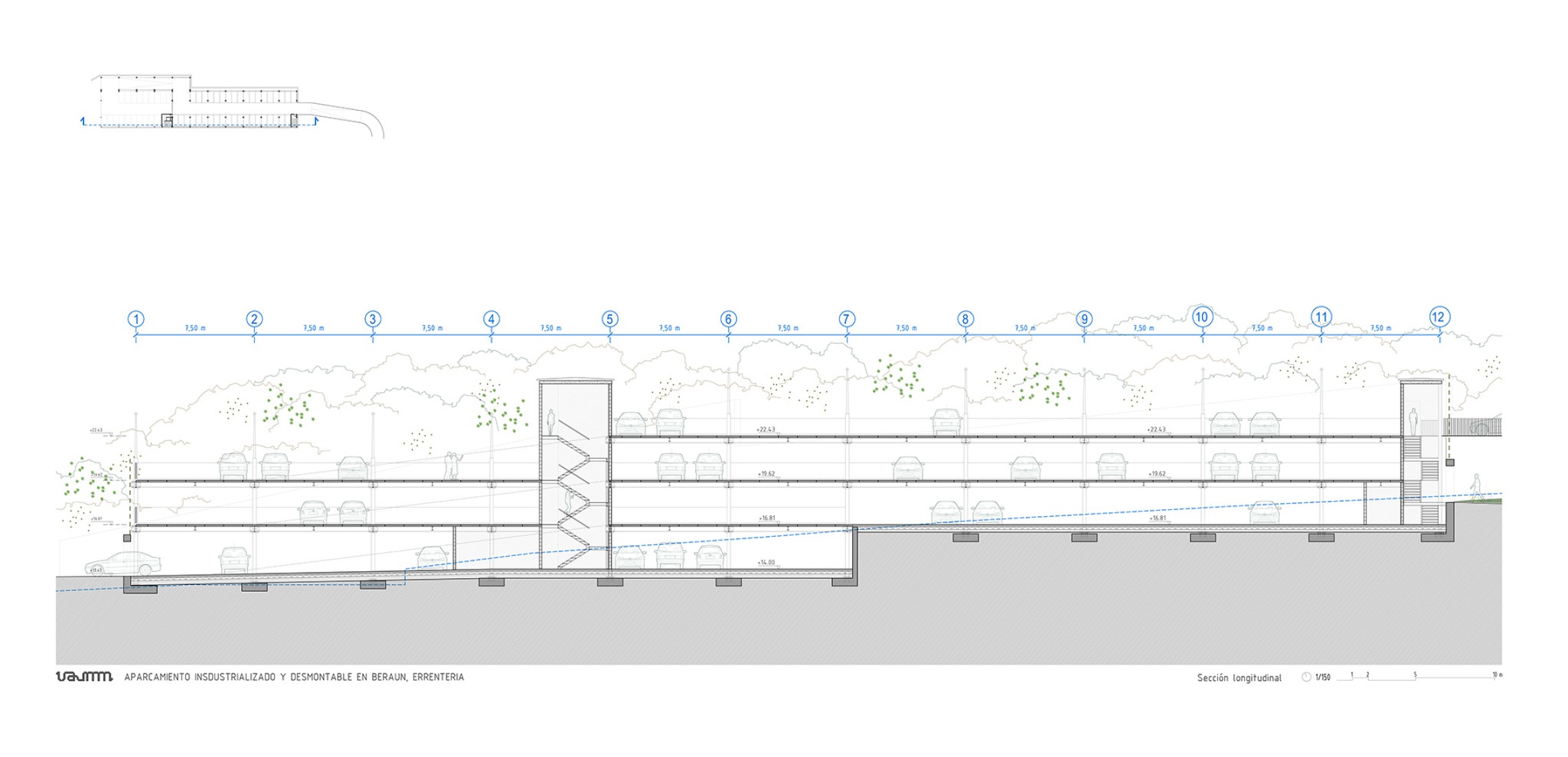 Longitudinal section. Parking building in Errenteria by VAUMM. 