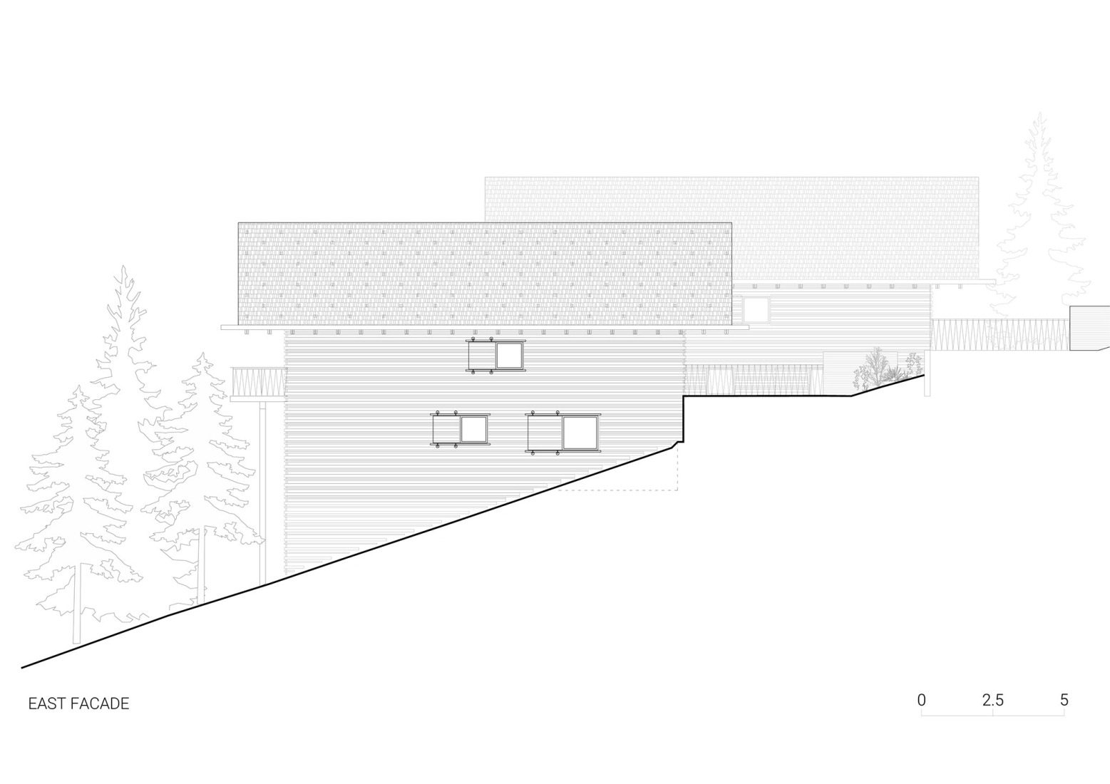 Alzado Este. «Casas alpinas gemelas» por Dekleva Gregoric Architects.