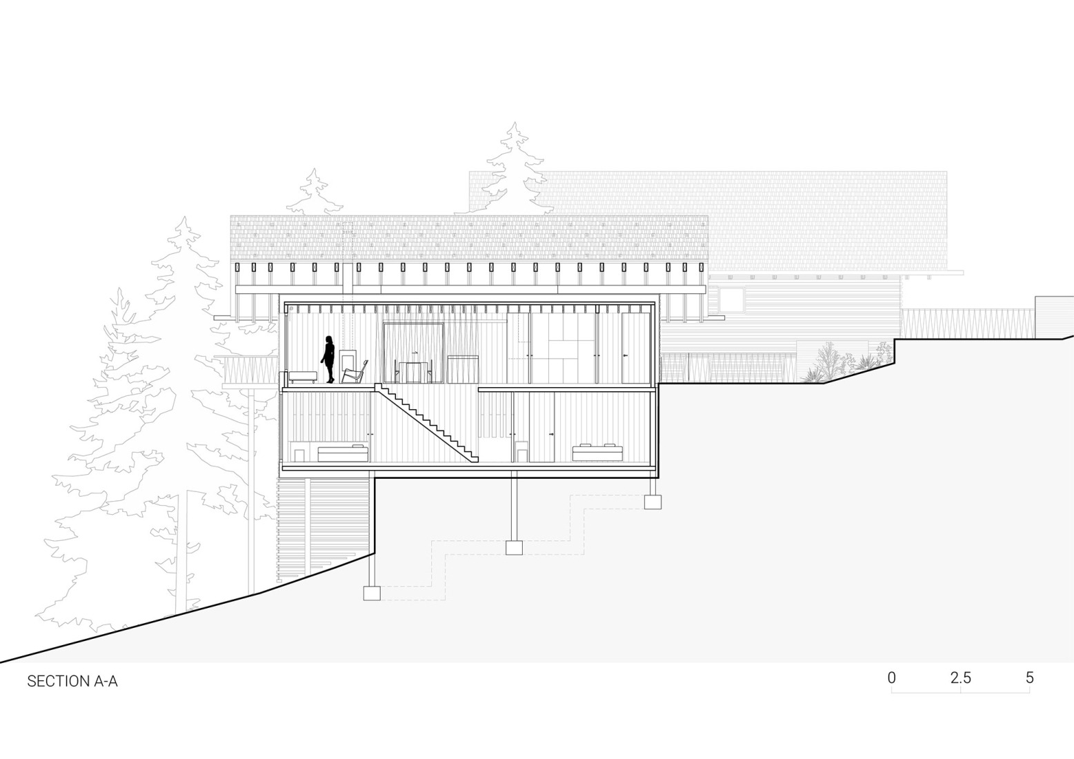 Sección longitudinal. «Casas alpinas gemelas» por Dekleva Gregoric Architects.