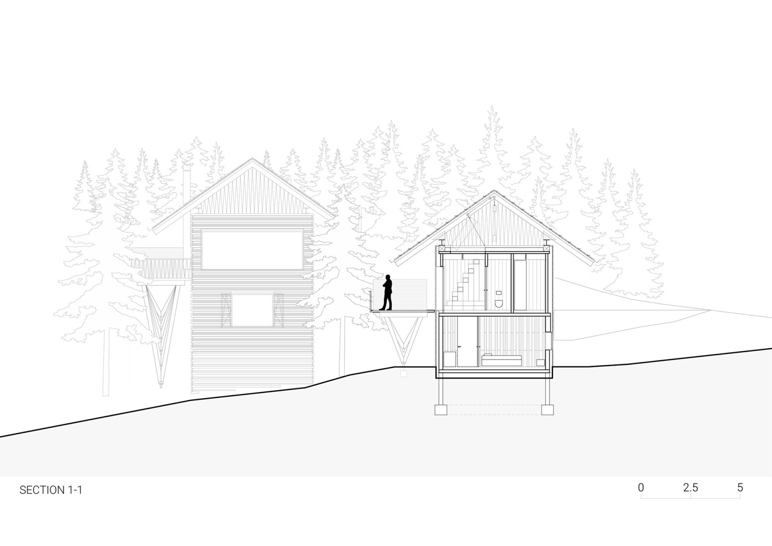 Sección transversal. «Casas alpinas gemelas» por Dekleva Gregoric Architects.