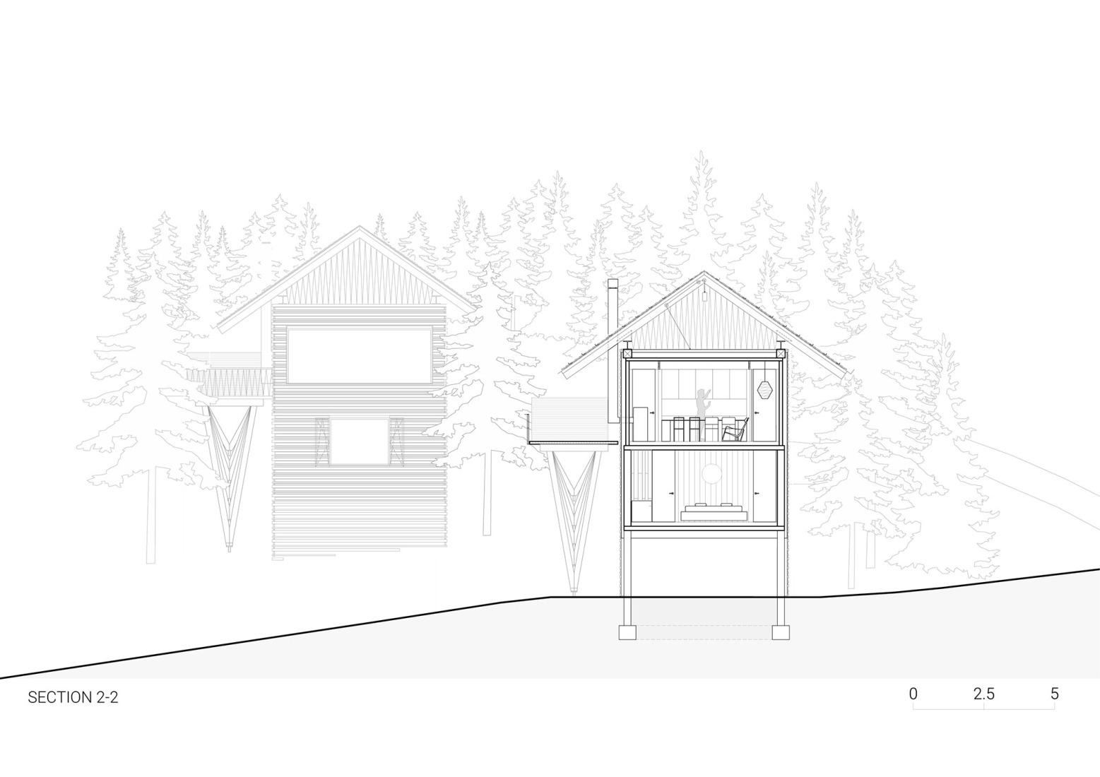 Sección transversal. «Casas alpinas gemelas» por Dekleva Gregoric Architects.