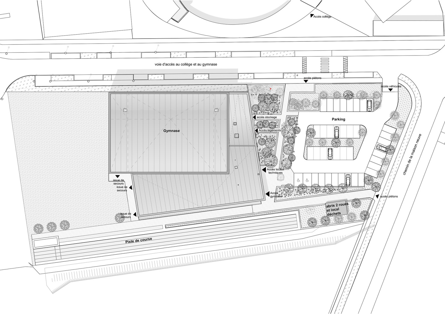 Plano de emplazamiento. Gimnasio Marie Marvingt por Ateliers O-S Architectes.