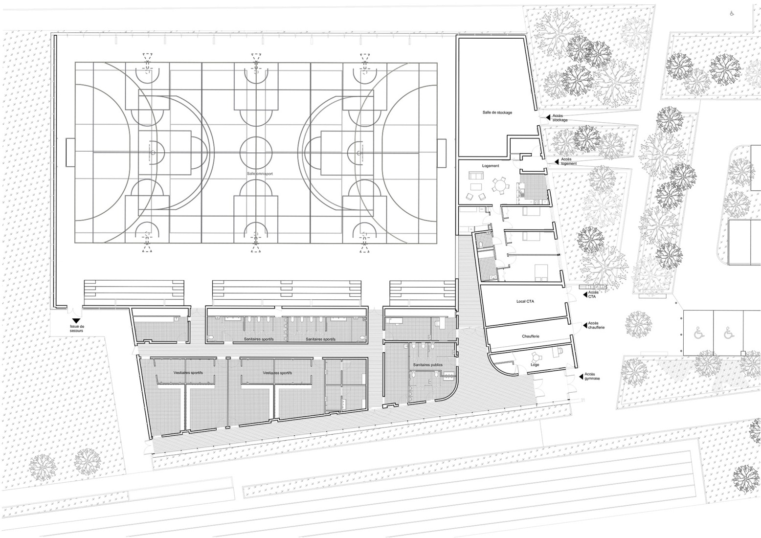 Plano de planta. Gimnasio Marie Marvingt por Ateliers O-S Architectes.