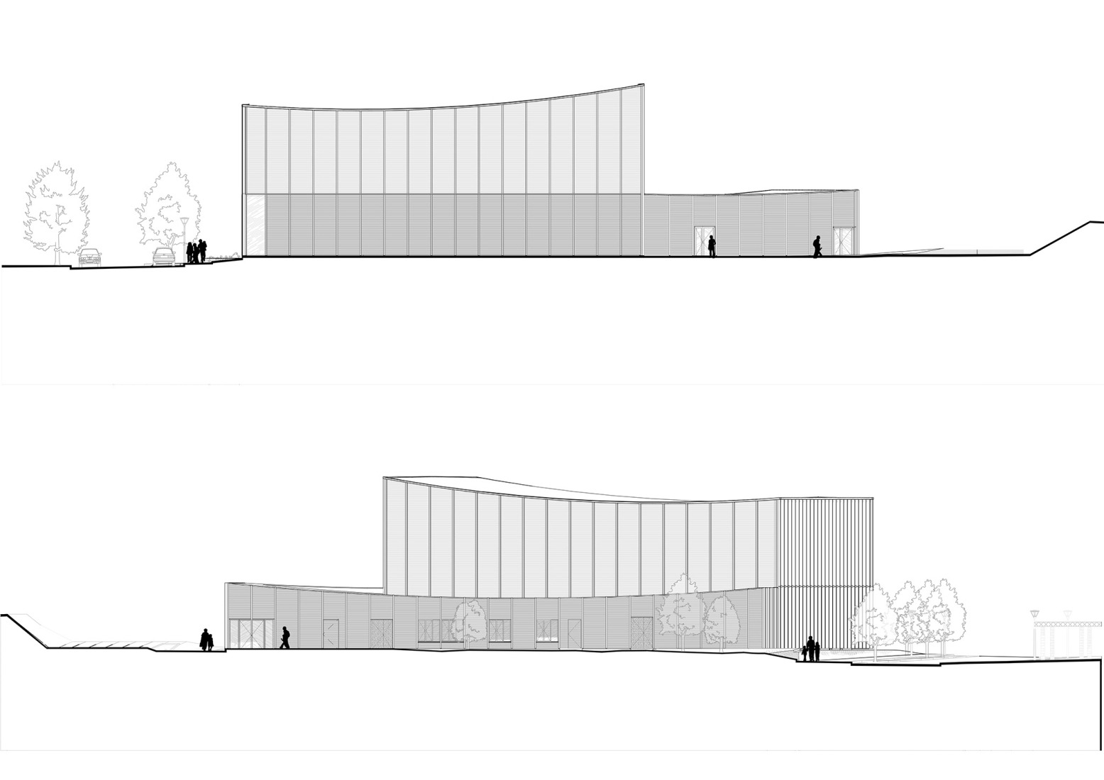 Alzados norte y sur. Gimnasio Marie Marvingt por Ateliers O-S Architectes.