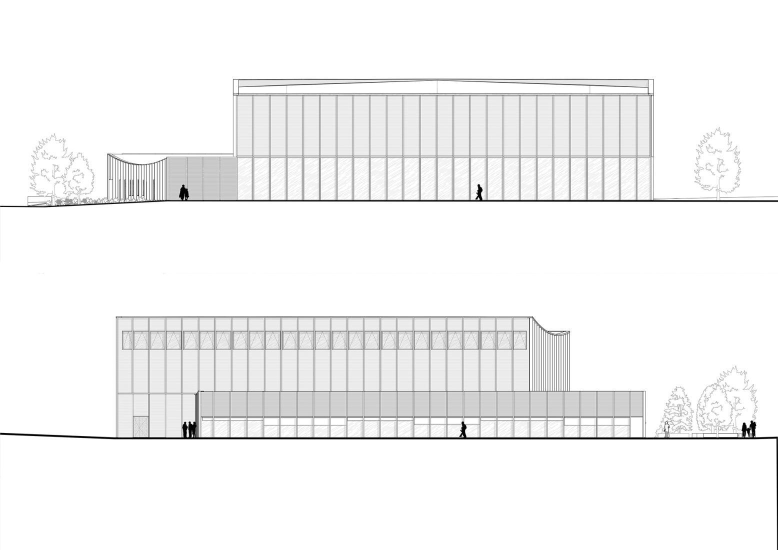 Alzados este y oeste. Gimnasio Marie Marvingt por Ateliers O-S Architectes.