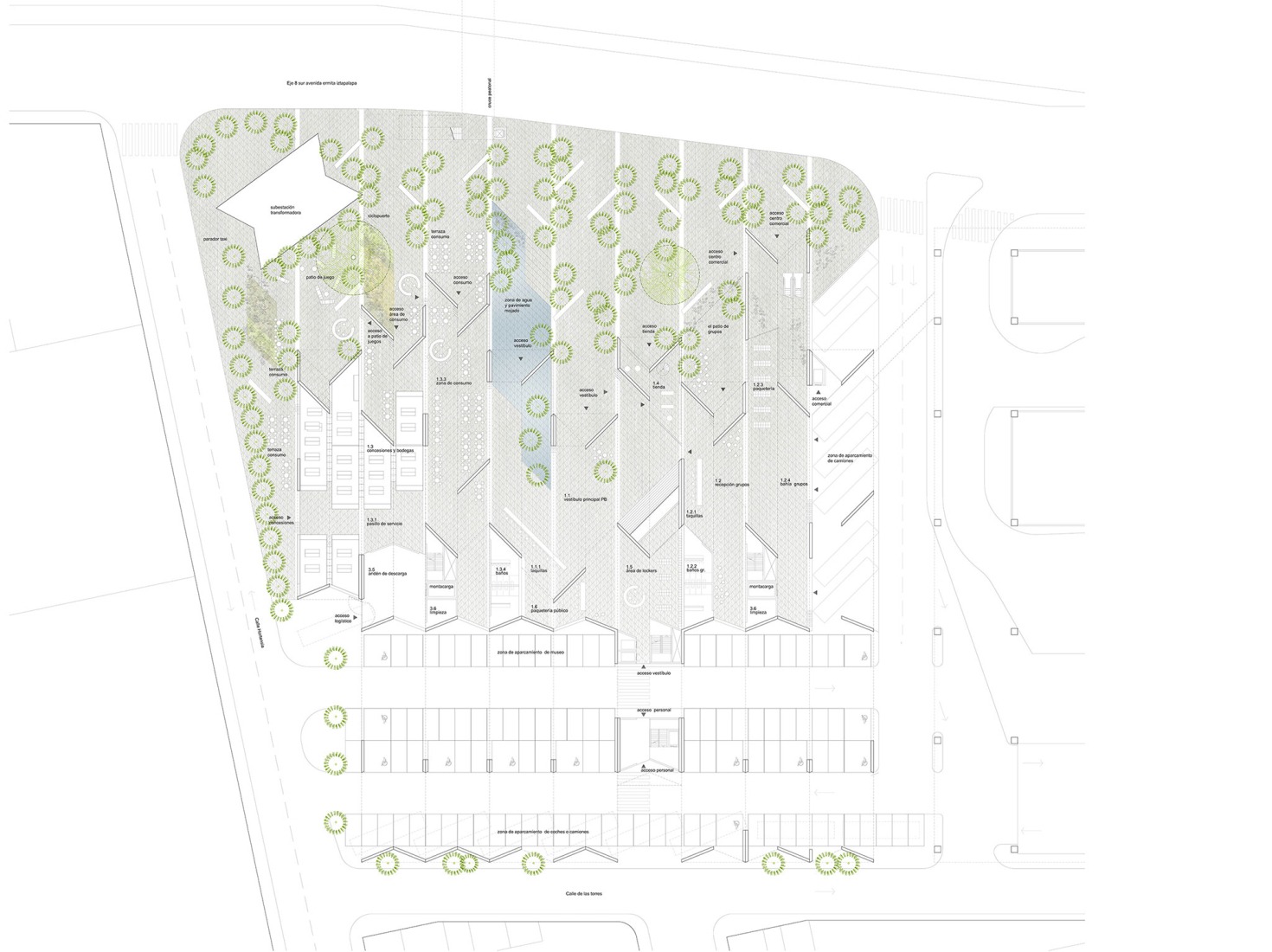 Ground floor plan. Yancuic Museum by BAX studio, Mendoza Partida and SPRB Architects.