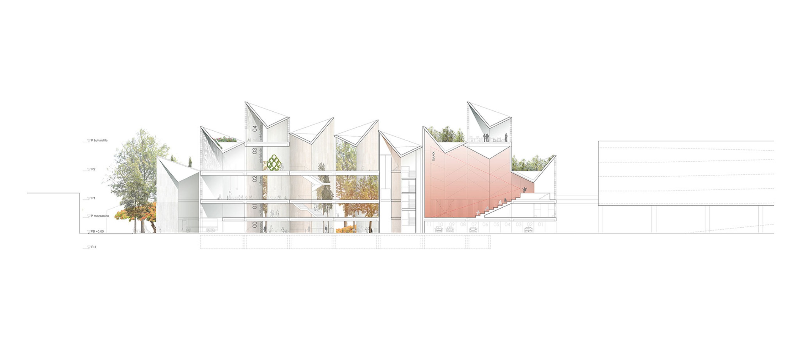 Cross section. Yancuic Museum by BAX studio, Mendoza Partida and SPRB Architects.