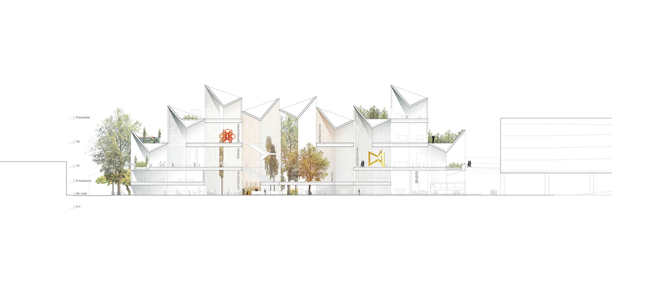 Cross section. Yancuic Museum by BAX studio, Mendoza Partida and SPRB Architects.