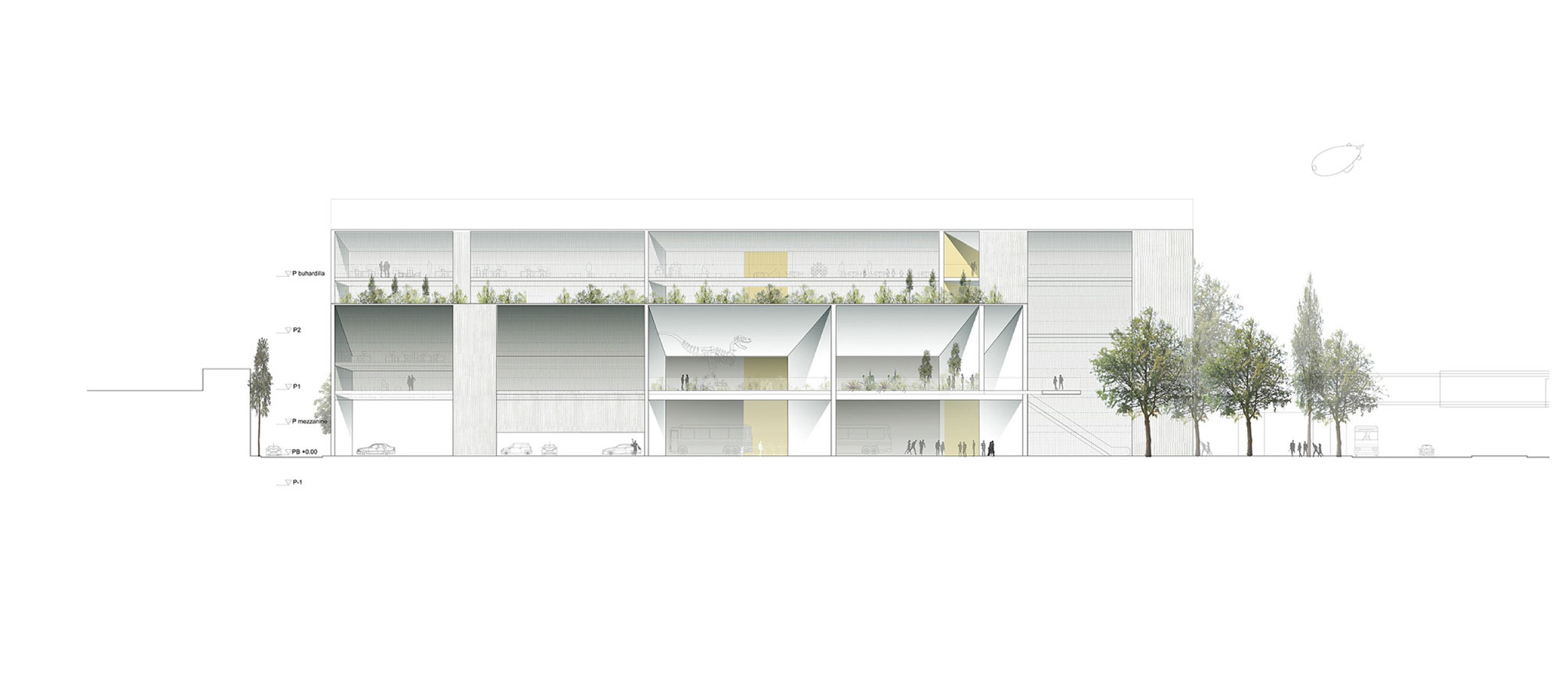 Longitudinal section. Yancuic Museum by BAX studio, Mendoza Partida and SPRB Architects.