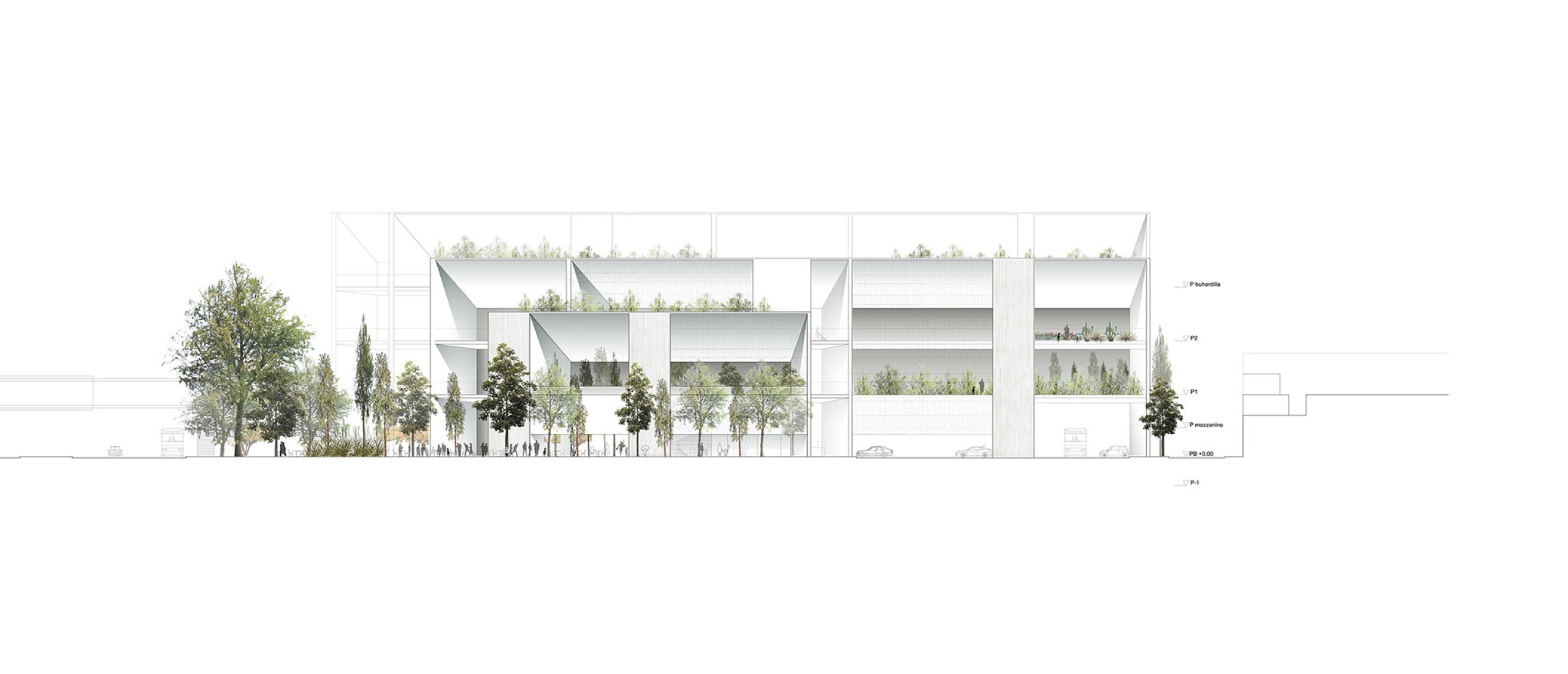 Longitudinal section. Yancuic Museum by BAX studio, Mendoza Partida and SPRB Architects.