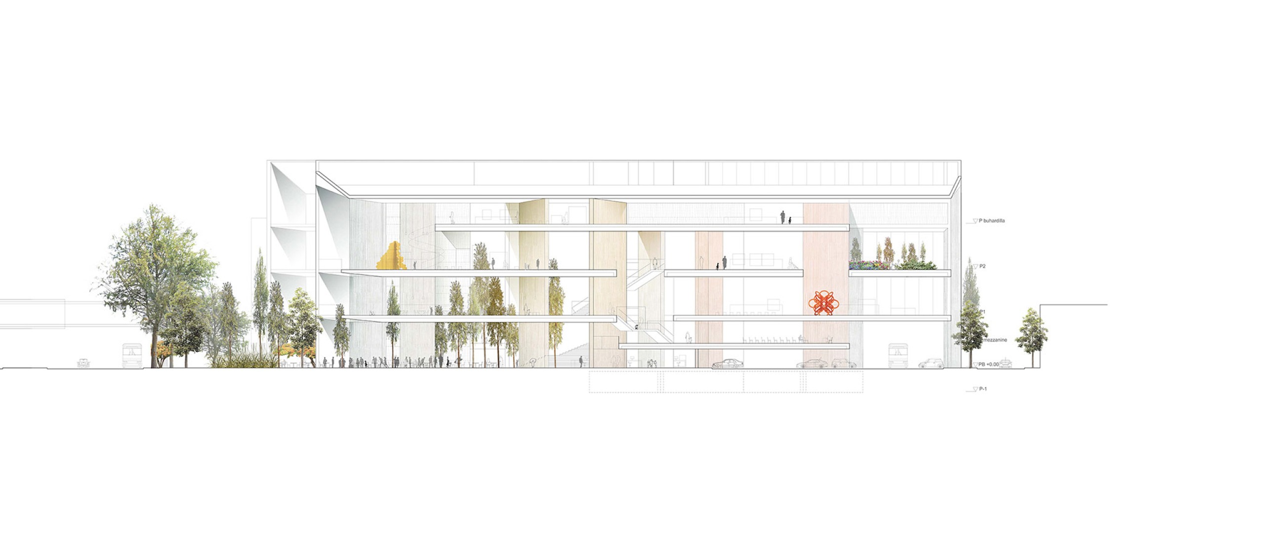 Longitudinal section. Yancuic Museum by BAX studio, Mendoza Partida and SPRB Architects.
