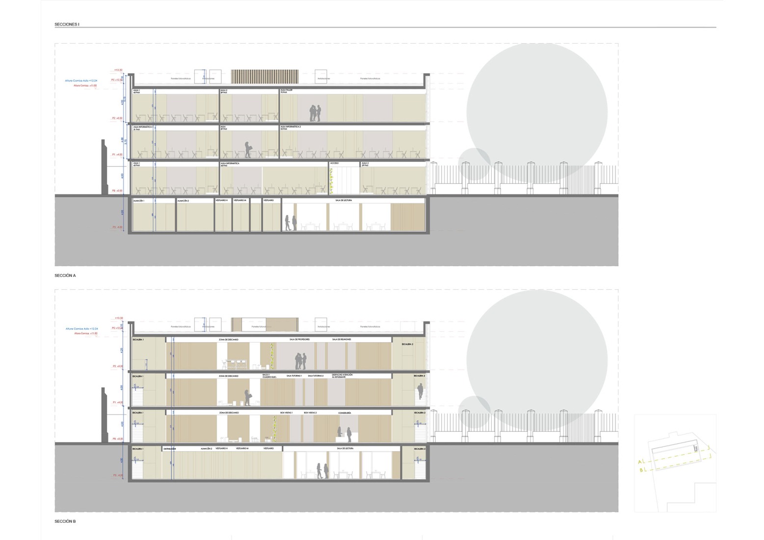 Long sections. Turia Campus, Universidad Europea by Ramón Esteve Estudio.