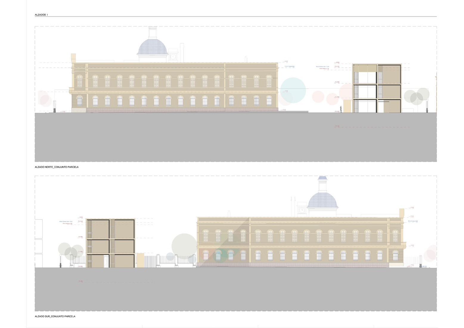 Complex elevation, north south. Turia Campus, Universidad Europea by Ramón Esteve Estudio.