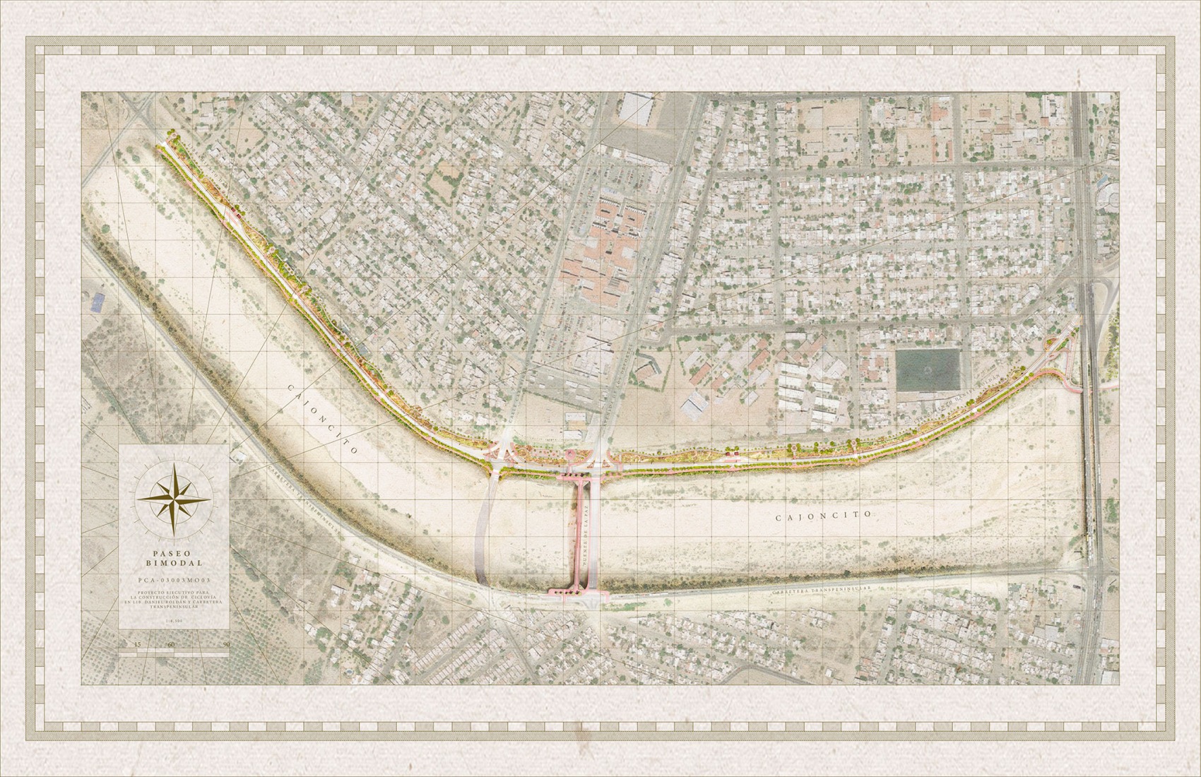 Linear walkway and bridge plan. Masterplan La Paz by CCA. Courtesy of de Centro de Colaboración Arquitectónica (CCA).