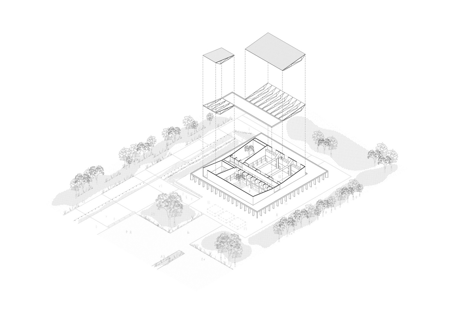 Axonométrica. Centro de convenciones de Cafayate por Ignacio Carón, Fabio Estremera, Andres Francesconi, Ezequiel Spinelli.
