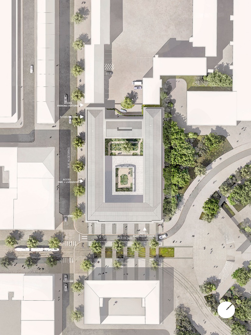 Site plan. Renovation of a historic post office by Chatillon Architectes.
