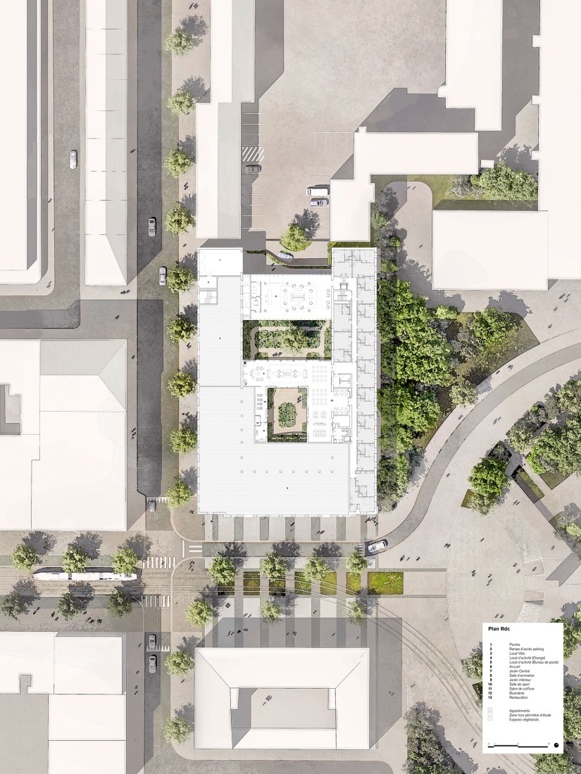 Site plan, floor plan. Renovation of a historic post office by Chatillon Architectes.