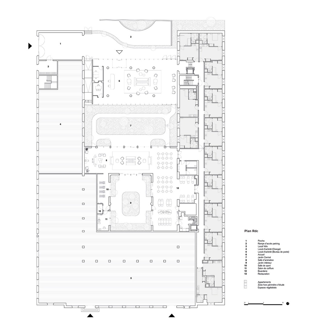 Ground floor plan. Renovation of a historic post office by Chatillon Architectes.