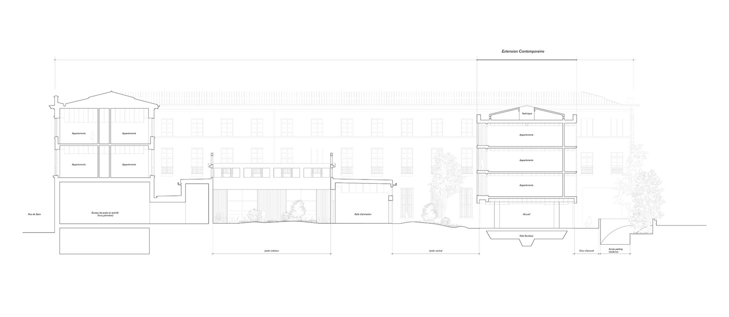 Longitudinal section. Renovation of a historic post office by Chatillon Architectes.